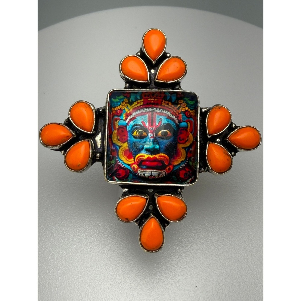 Large Tibetan Mask Statement Ring Silver Plated Orange Cabochon Size 9 #1192
